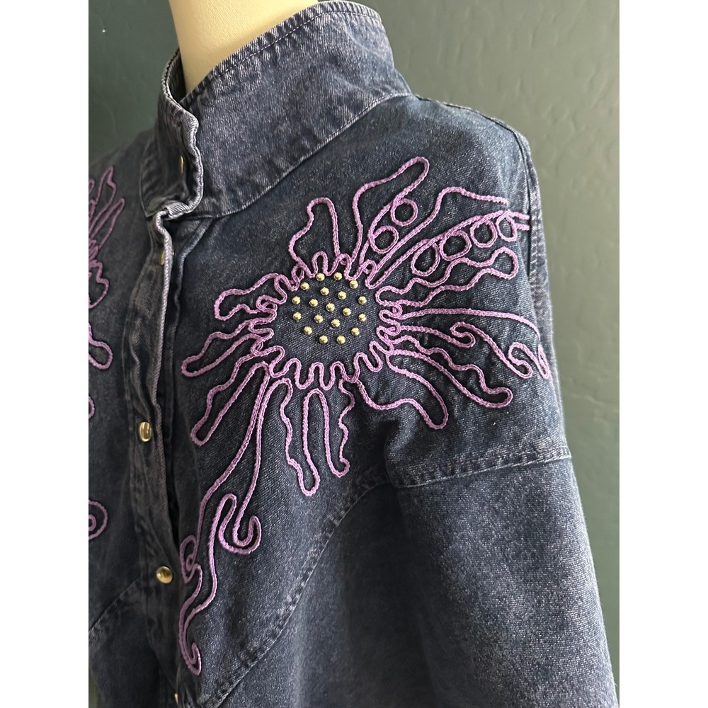 Vintage Pado California Purple Acid Wash Denim Jacket Batwing Embroidered L - Picture 4 of 9